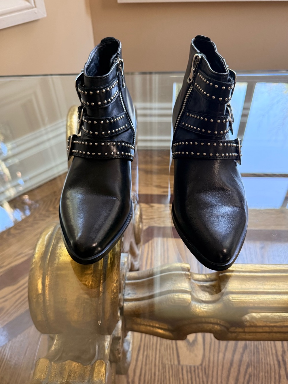 AQUA Women’s Studded Black Leather Ankle Boots